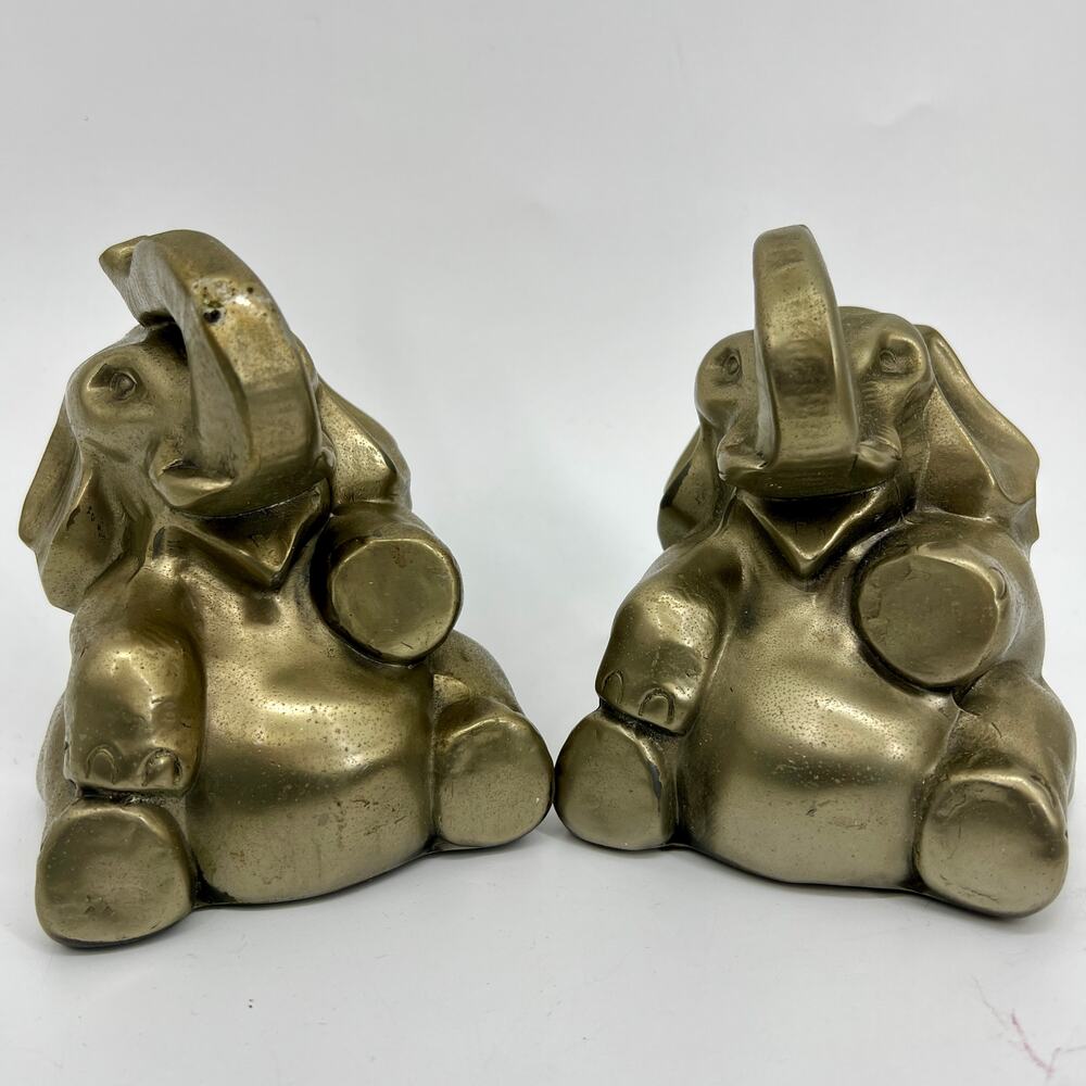 Vintage USA PM Craftsman Pair of Brass Elephant Bookends Paperweights 5"